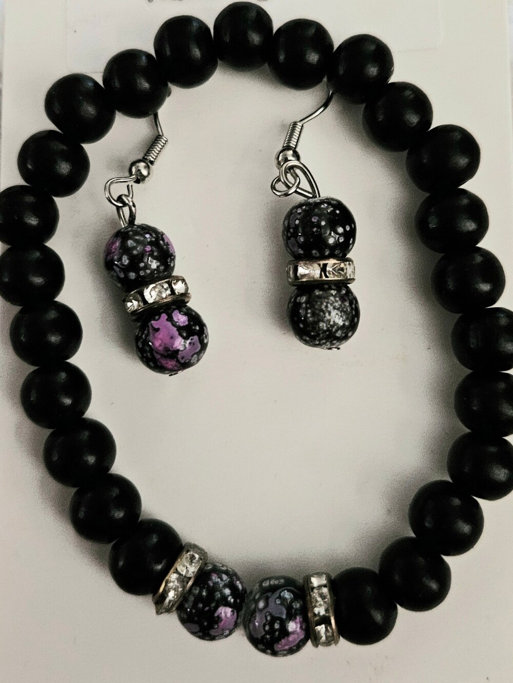 Black lava bead and Purple Beaded Bracelet & Earring Set - Handmade